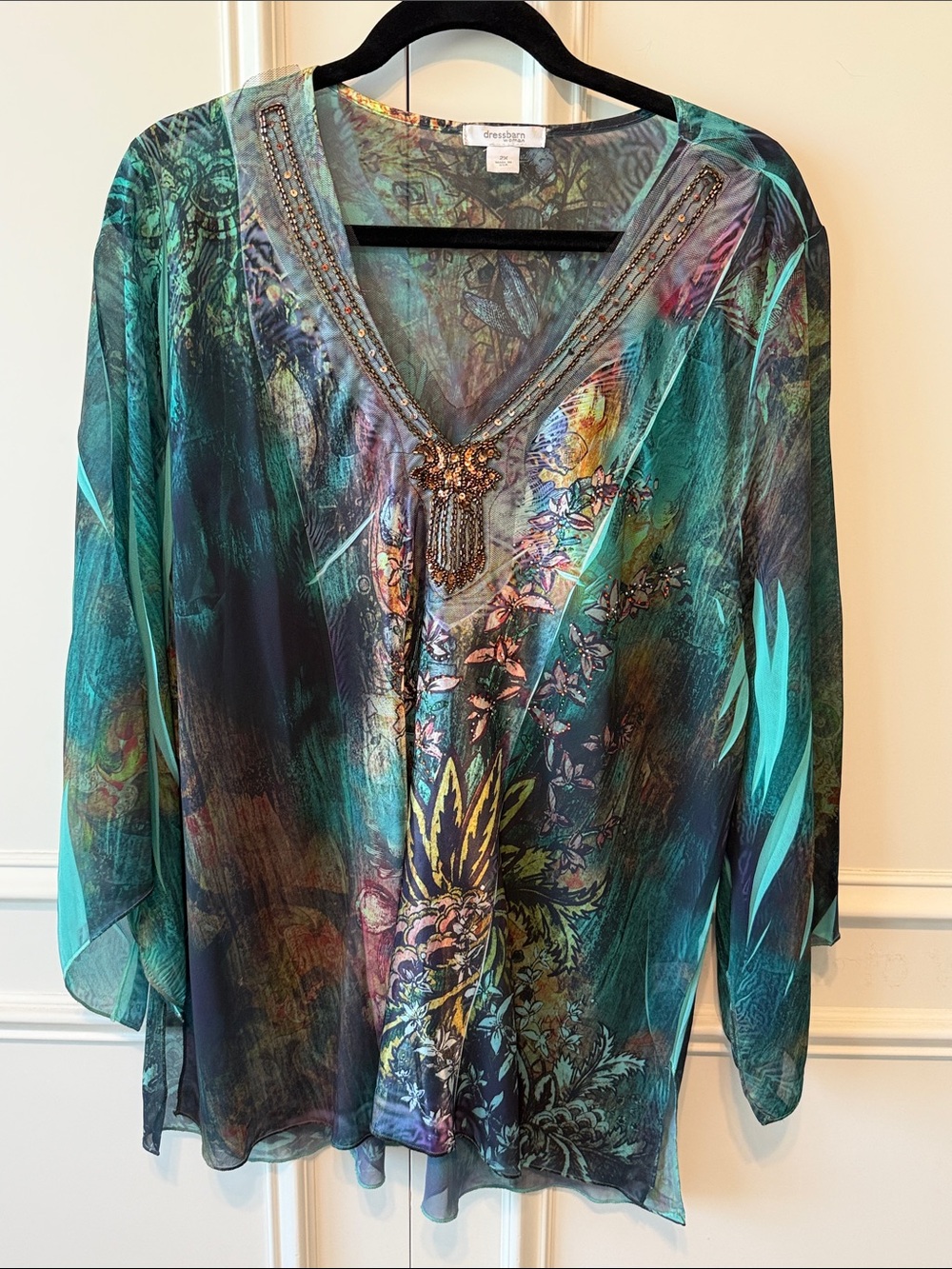 Dress Barn Teal Multicolor Beaded V-Neck Tunic